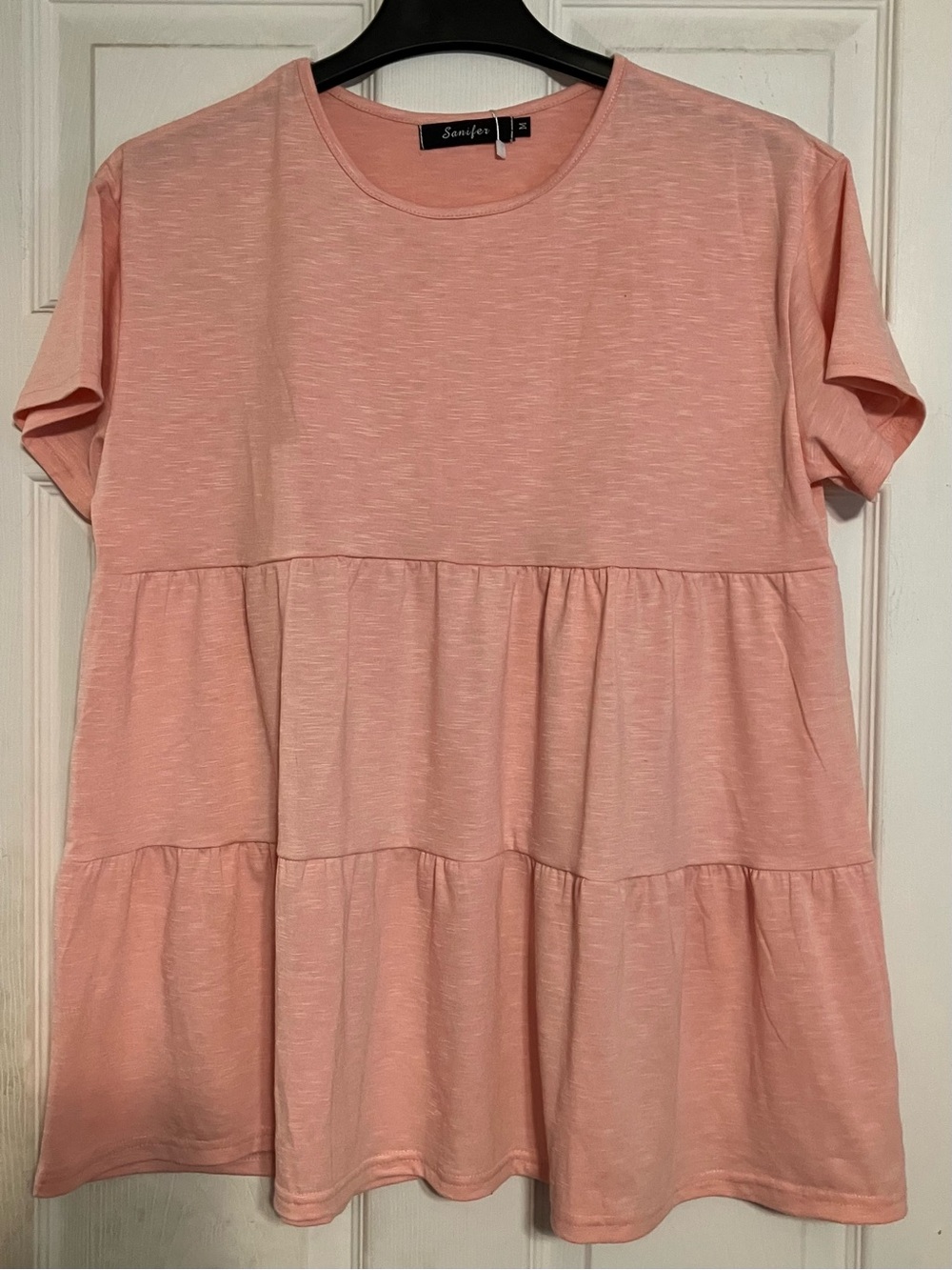 Sanifer Tiered Babydoll Short Sleeve Top Size M in Heathered Soft Pink - Picture 2 of 5